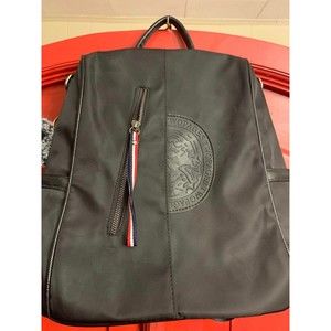 NWOT Black Backpack Purse Tote Shiny Trim Puff Ball Accent Shoulder Strap Too